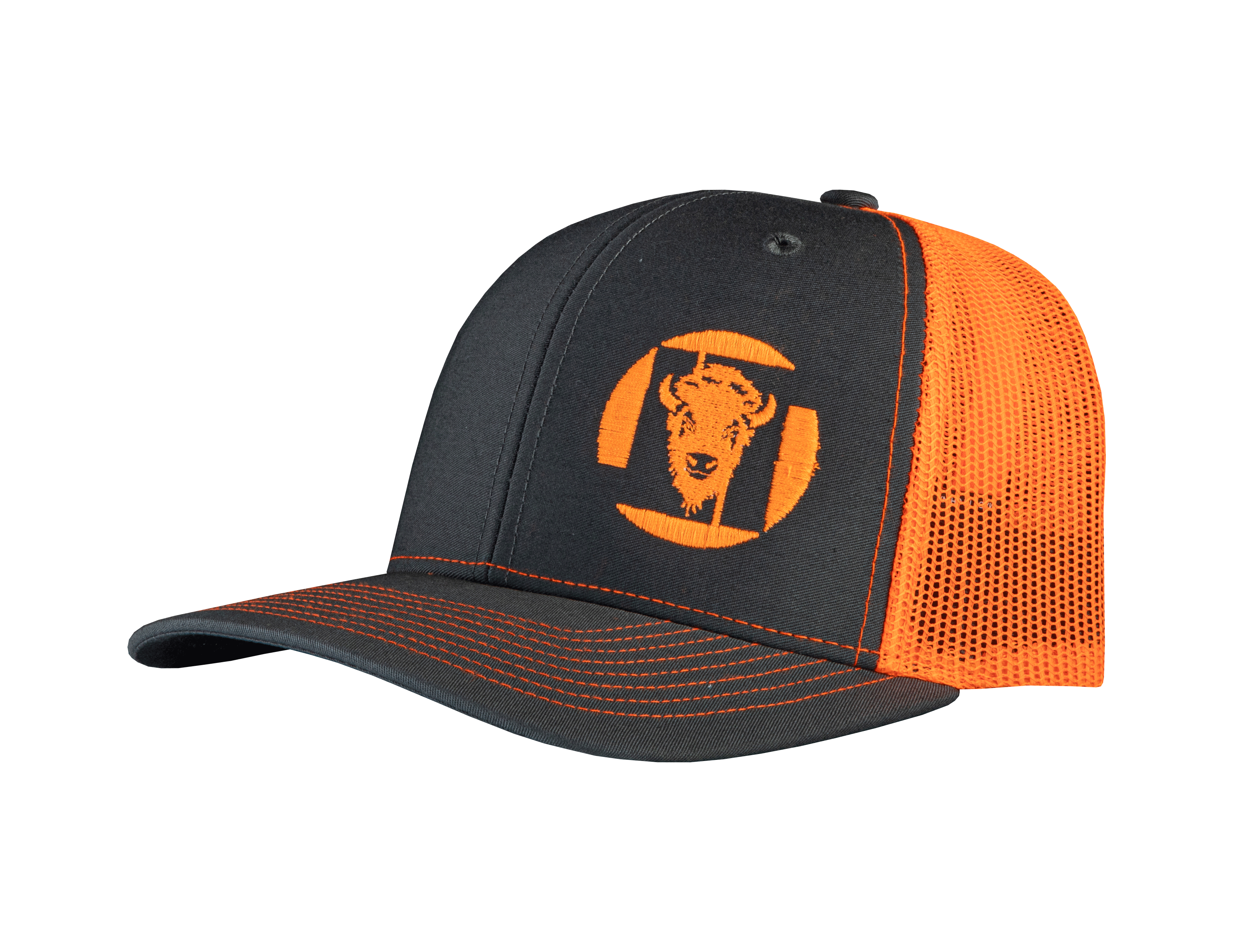 Logo Hat Charcoal Crown/Brim with Neon Orange Mesh Back & matching logo embroidery