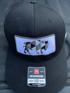Flat Patch Greyscale Bison Black Hat